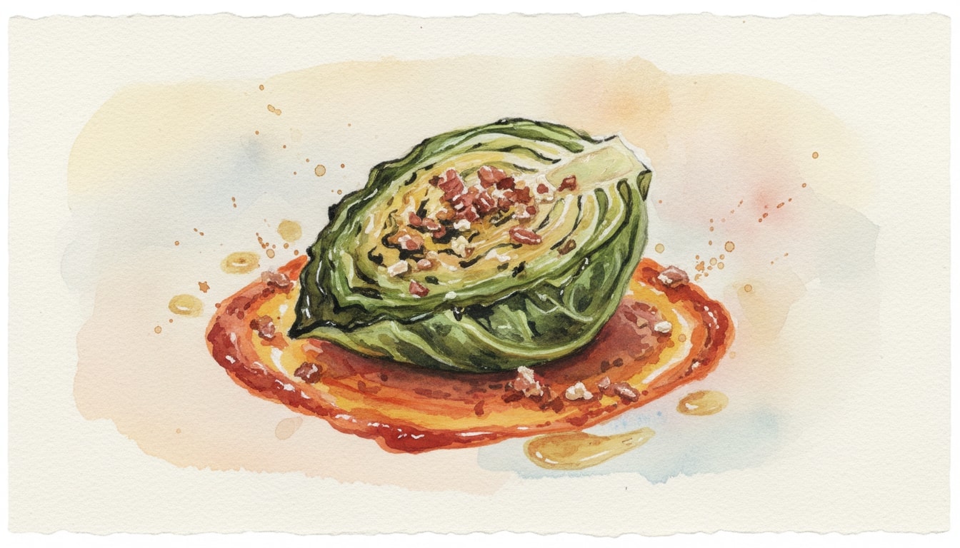 Grilled Hispi Cabbage with Romesco and Bacon Dressing