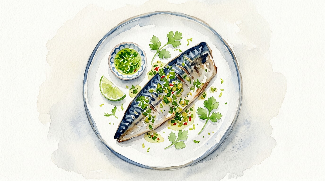 Grilled Mackerel with Coriander and Lime Pickle Dressing