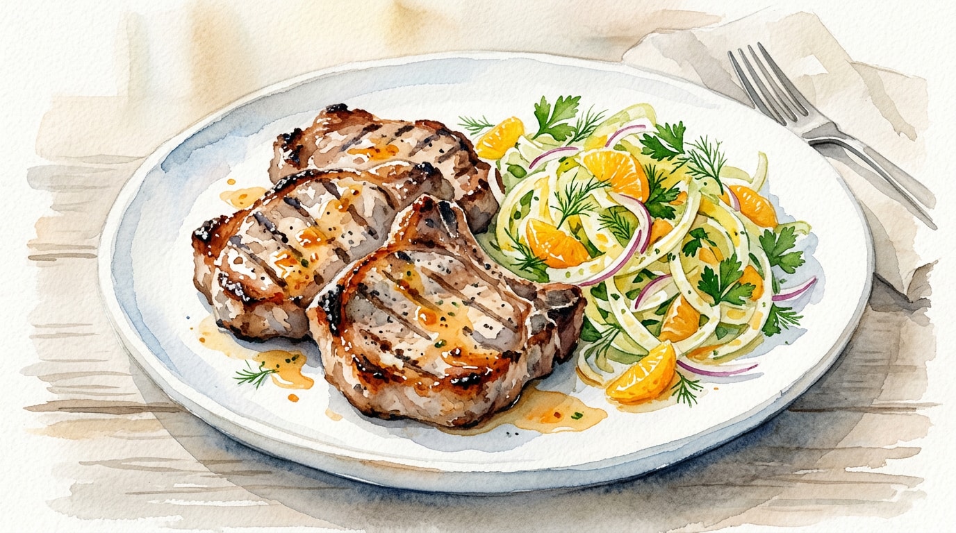 Grilled Pork Chops with Shaved Fennel Salad and Orange Vinaigrette