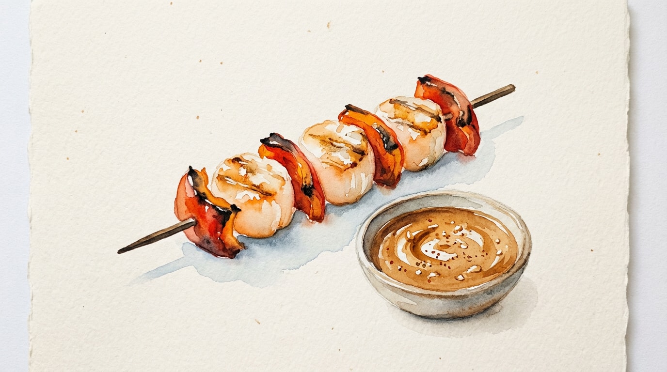 Grilled Scallop and Red Pepper Skewers with Peanut Sauce