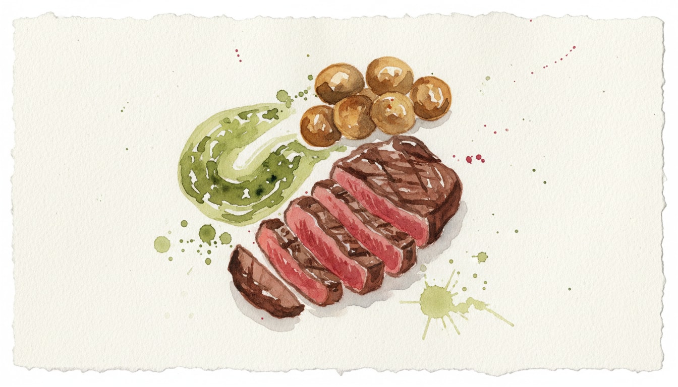 Grilled Sirloin Steak with Salsa Verde and Garlic Mushrooms