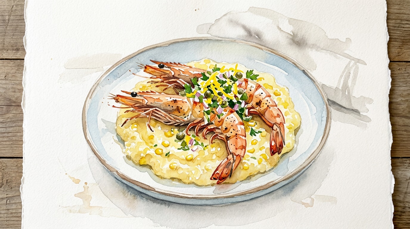 Grilled Spot Prawns with Sweet Corn Pudding and Lemon Relish