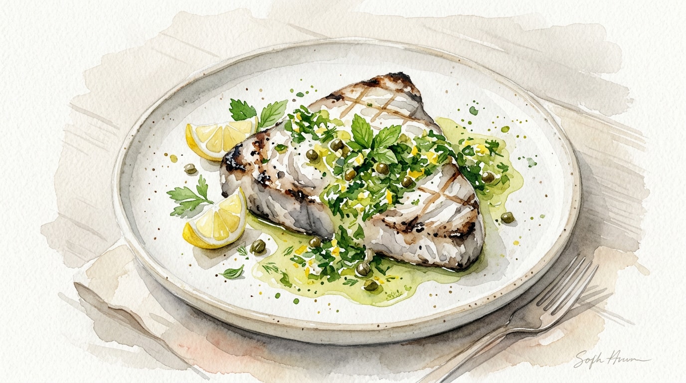 Grilled Swordfish with Lemon-Caper Salsa Verde