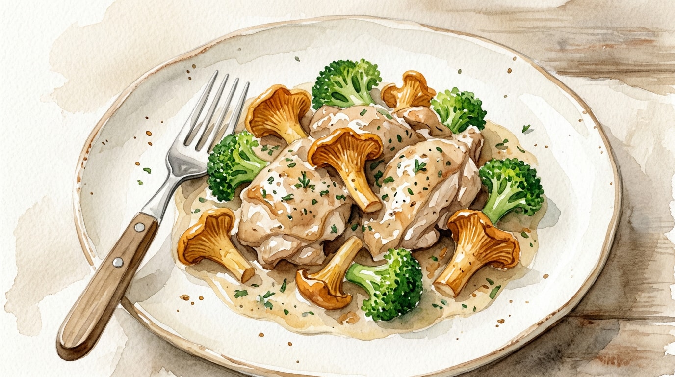 Guinea Fowl Fricassee with Chanterelles and Broccoli
