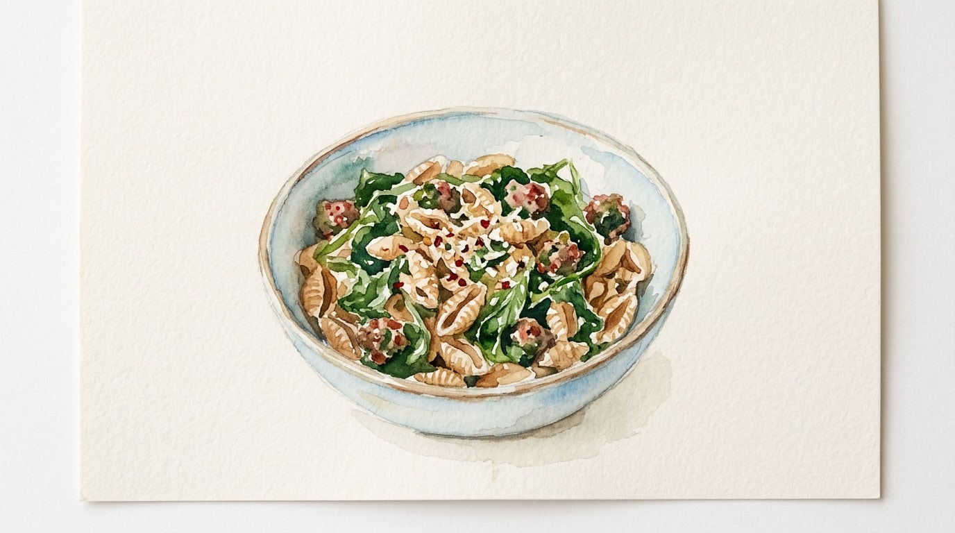 Hearty Farro Pasta with Italian Sausage and Stinging Nettles