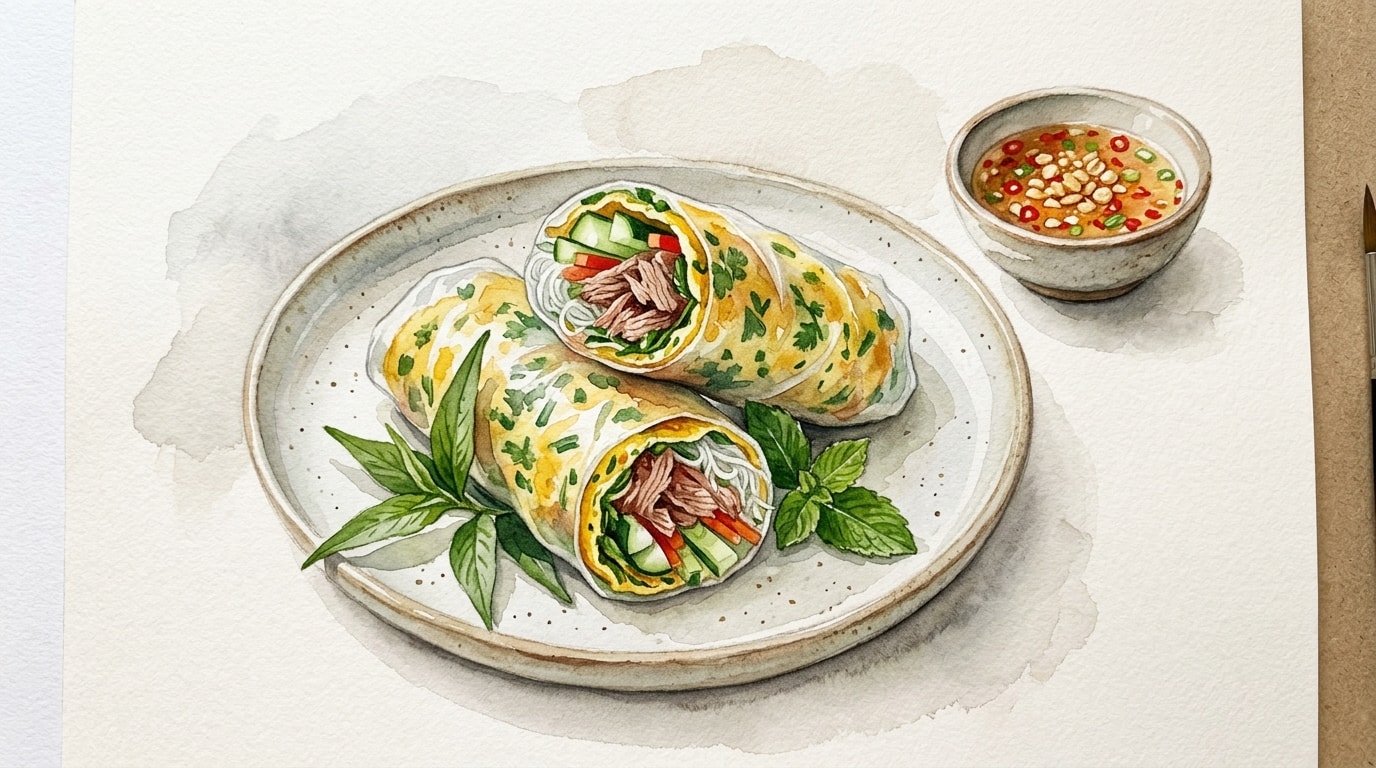 Herbed Omelet Duck and Rice Noodle Wraps