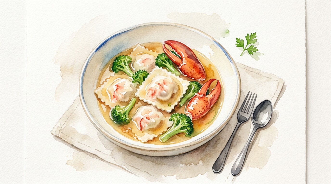 Homemade Lobster Ravioli in Rich Broth with Claws and Broccoli