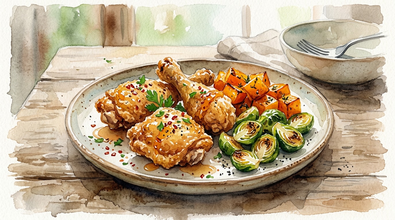 Hot Honey Fried Chicken with Roasted Pumpkin and Brussels Sprouts