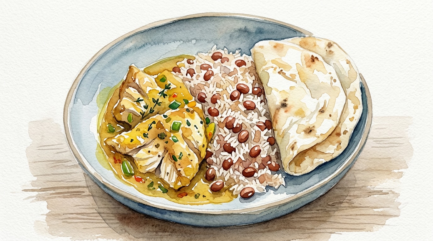 Jamaican Curried Snapper With Gungo Peas Pilau And Roti