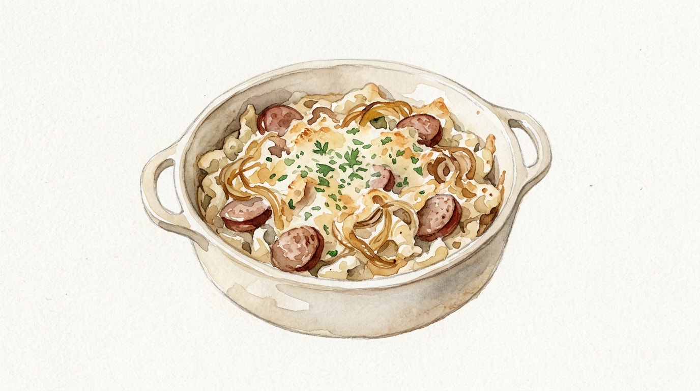 Kielbasa and Caramelized Onion Baked Spaetzle