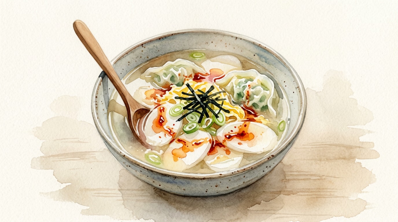 Korean Rice Cake and Dumpling Soup with Spicy Gochugaru Oil