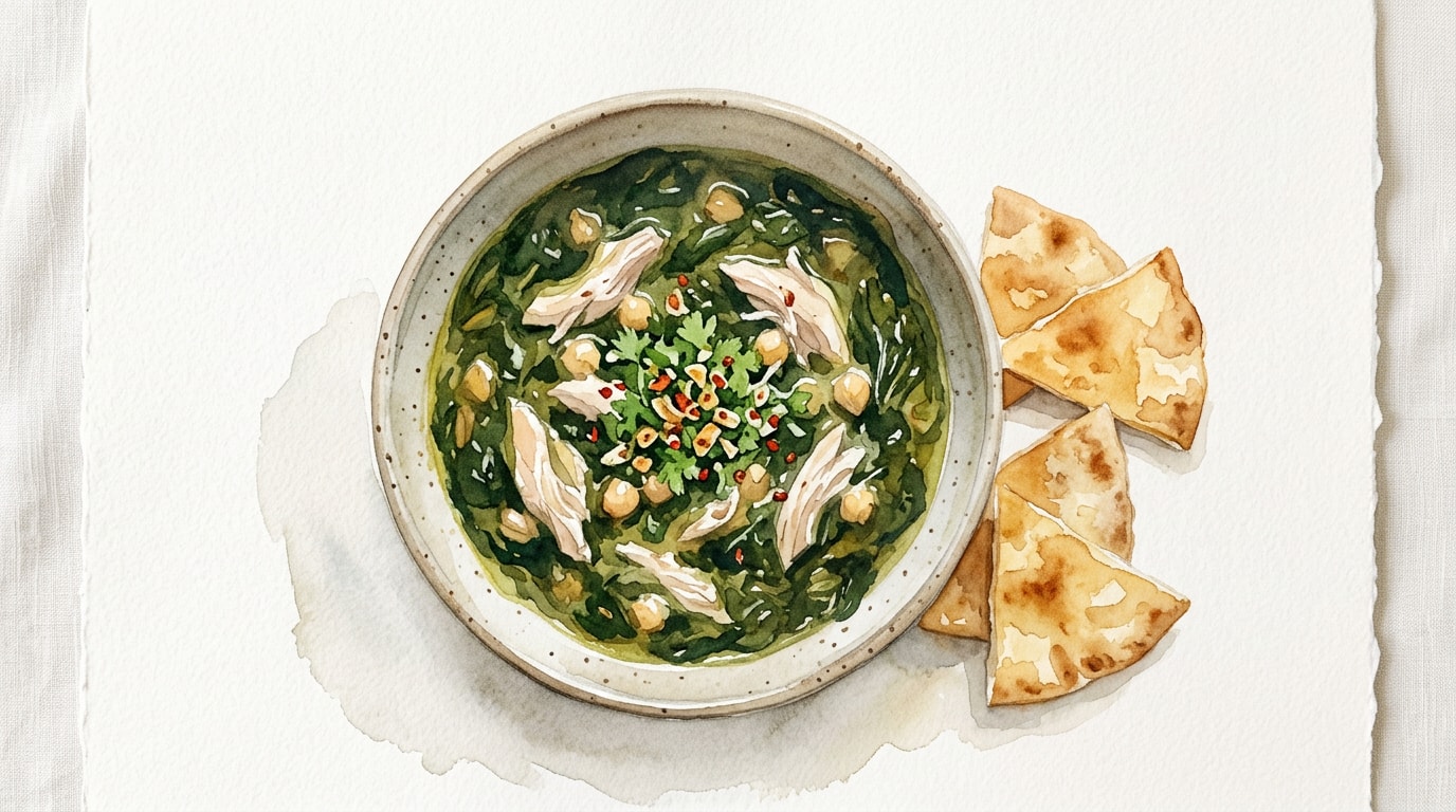 Lebanese Molokhia with Chicken and Toasted Bread