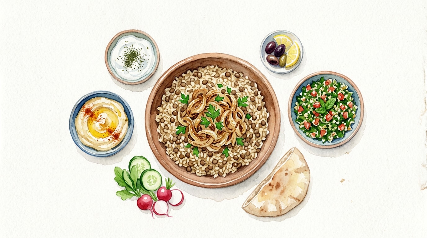Levantine Bulgur Mujadara with Mezze Accompaniments
