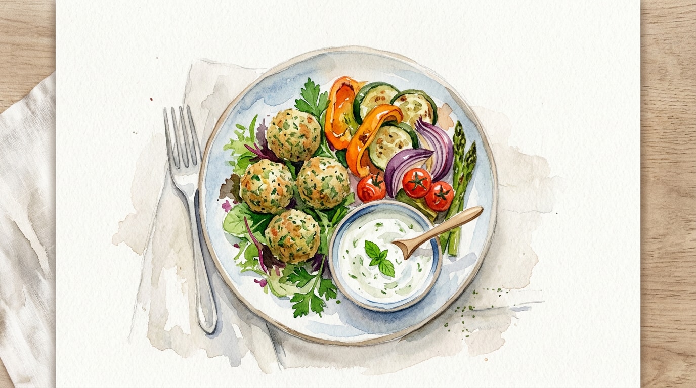 Low-Carb Soybean Falafel with Roasted Vegetables and Mint Yoghurt Dip