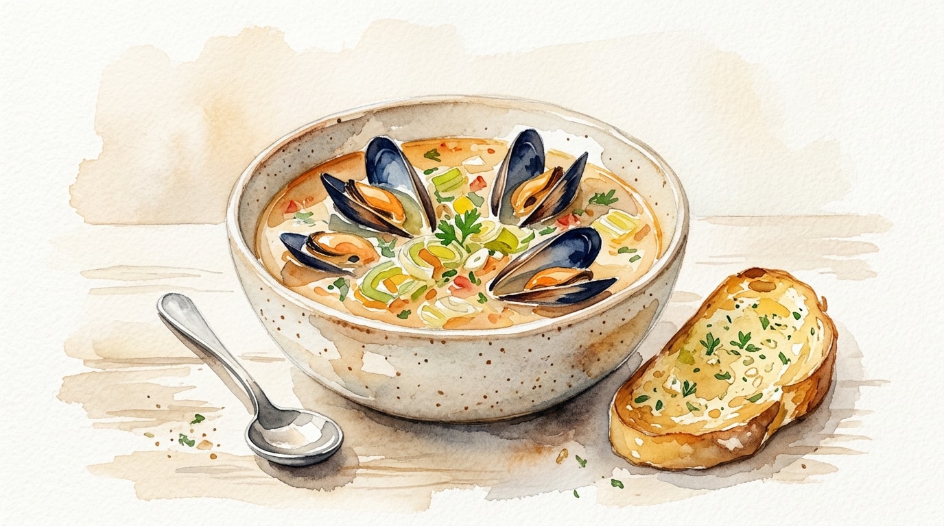 Mediterranean Mussel and Leek Soup with Garlic Toast