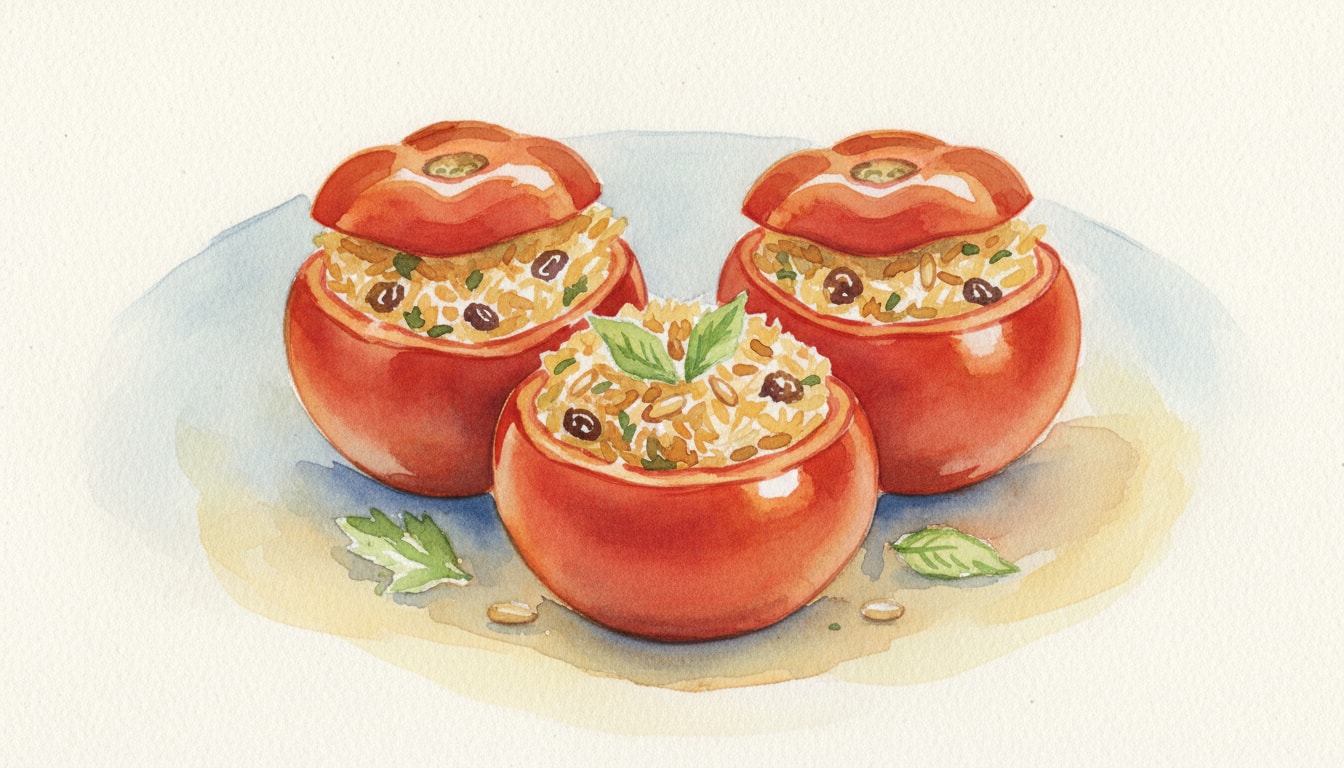 Mediterranean Rice-Stuffed Tomatoes with Currants and Pine Nuts