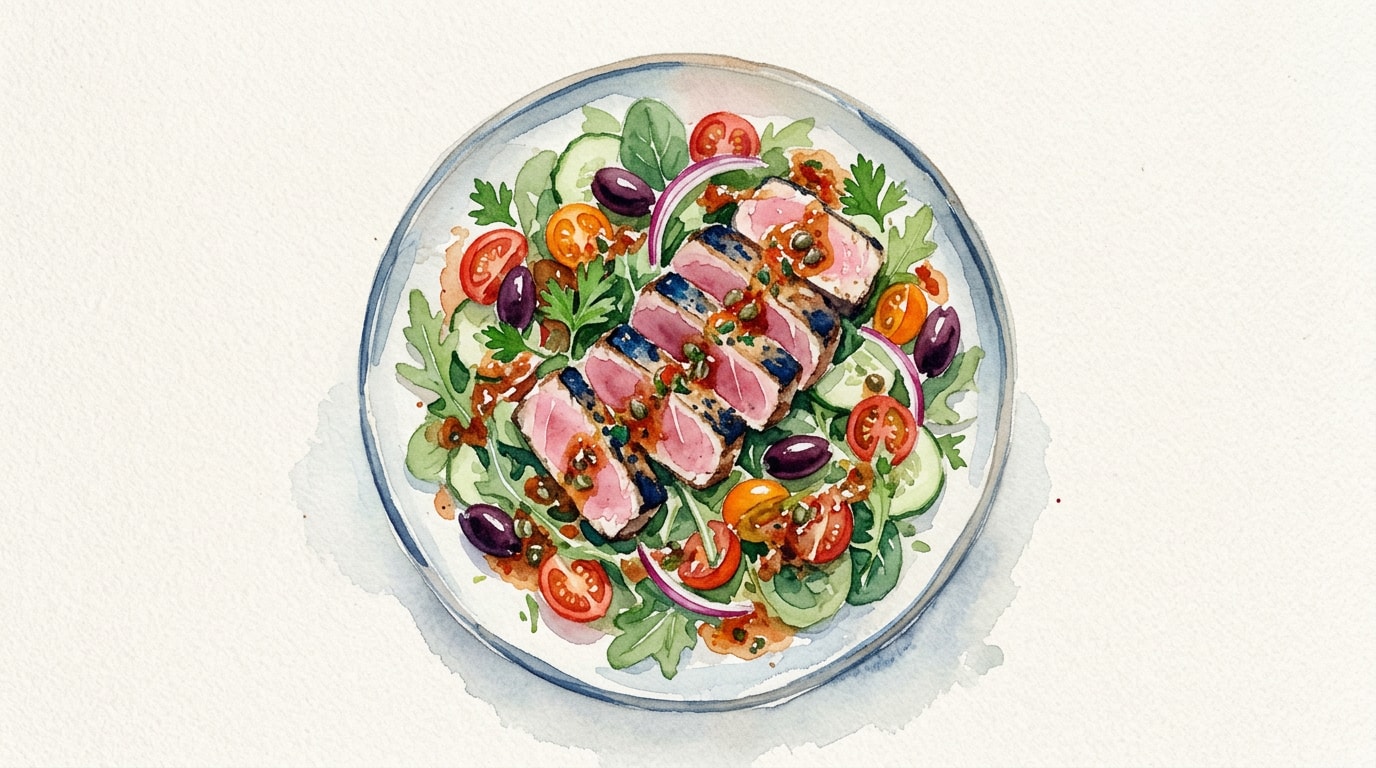 Mediterranean Seared Tuna Salad with Anchovy-Tomato Dressing