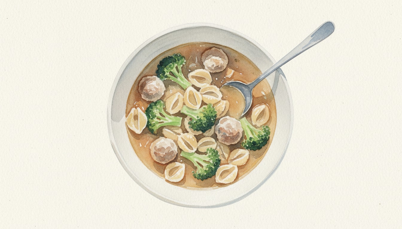 Mini Meatball Soup with Broccoli and Orecchiette
