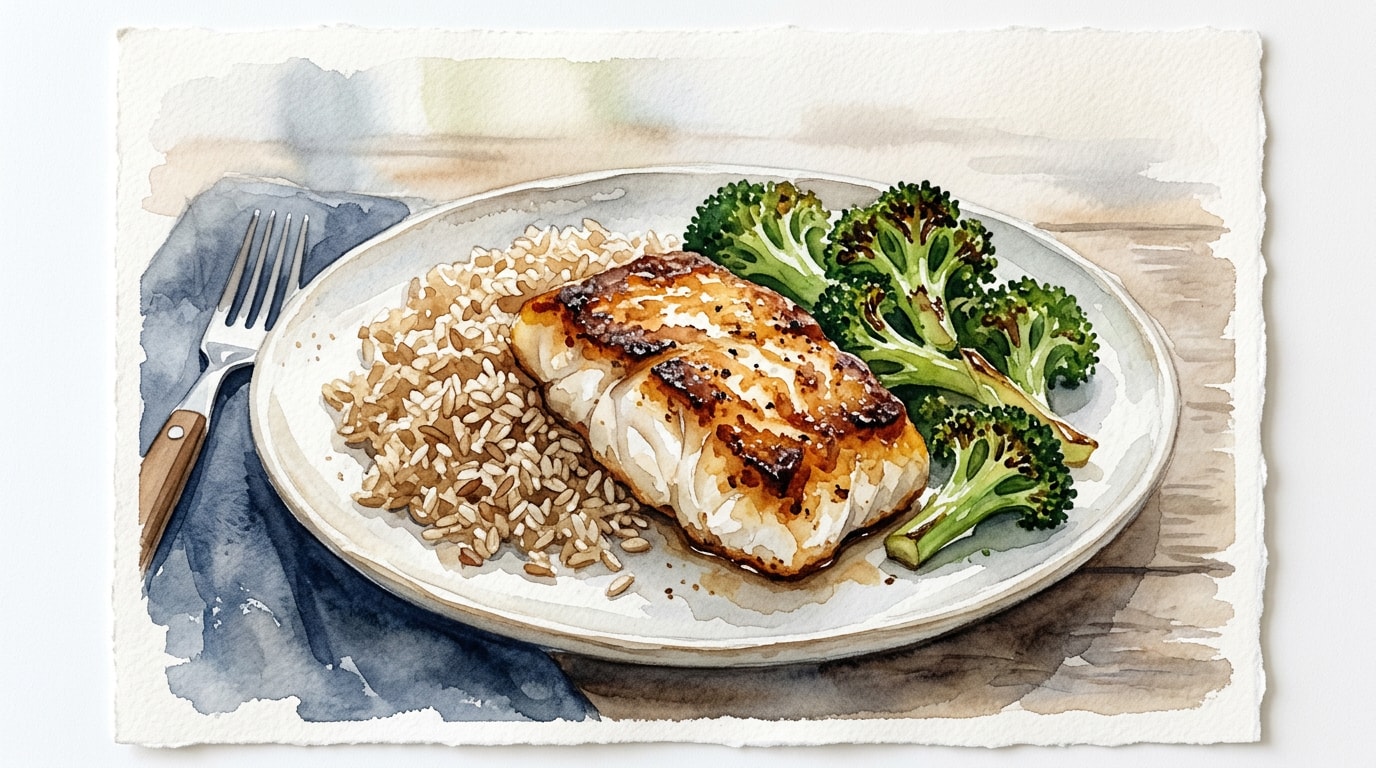 Miso-Butter Crusted Cod with Charred Broccoli and Brown Rice