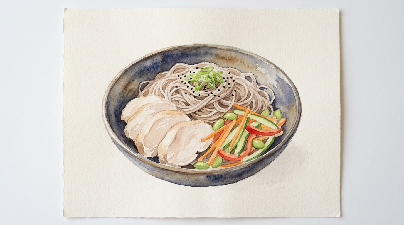 Miso Poached Chicken with Marinated Vegetables and Soba