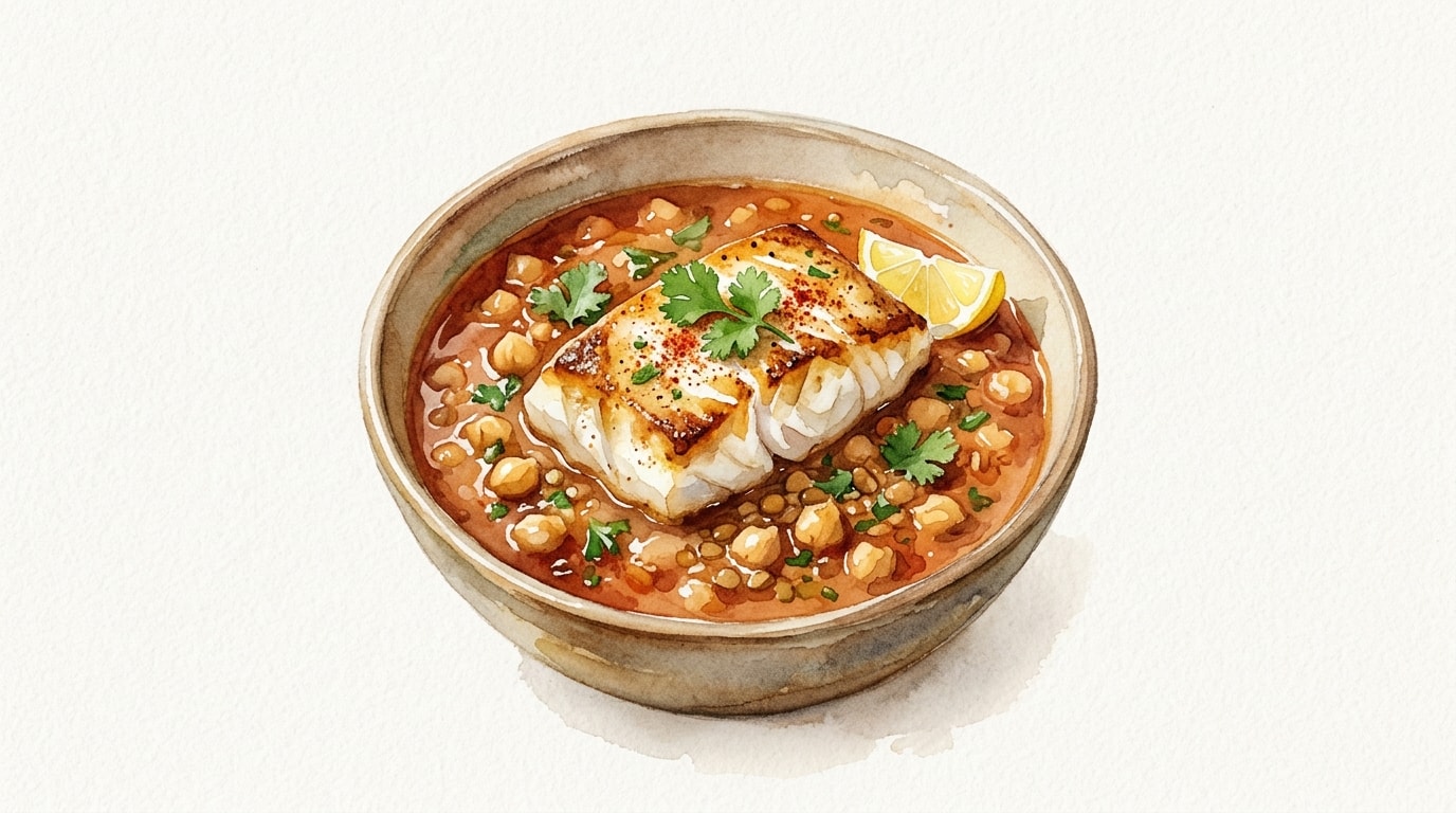 Moroccan Spiced Lentil and Chickpea Soup with Seared Cod