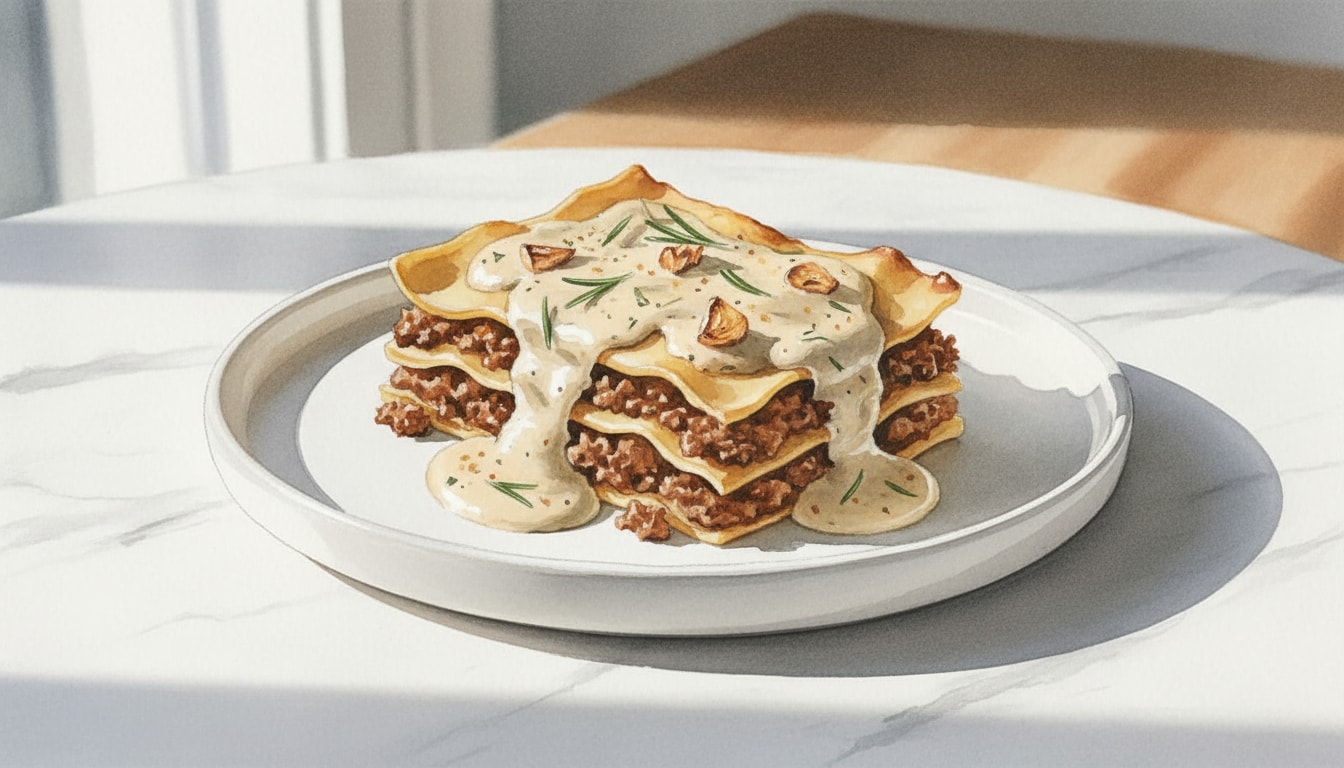 Mushroom and Walnut 'Meat' Lasagne with Roasted Garlic & Rosemary Béchamel