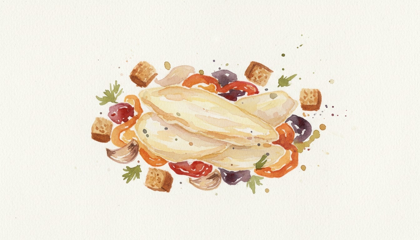 Paillards of Chicken with Roasted Garlic, Peppers and Croutons