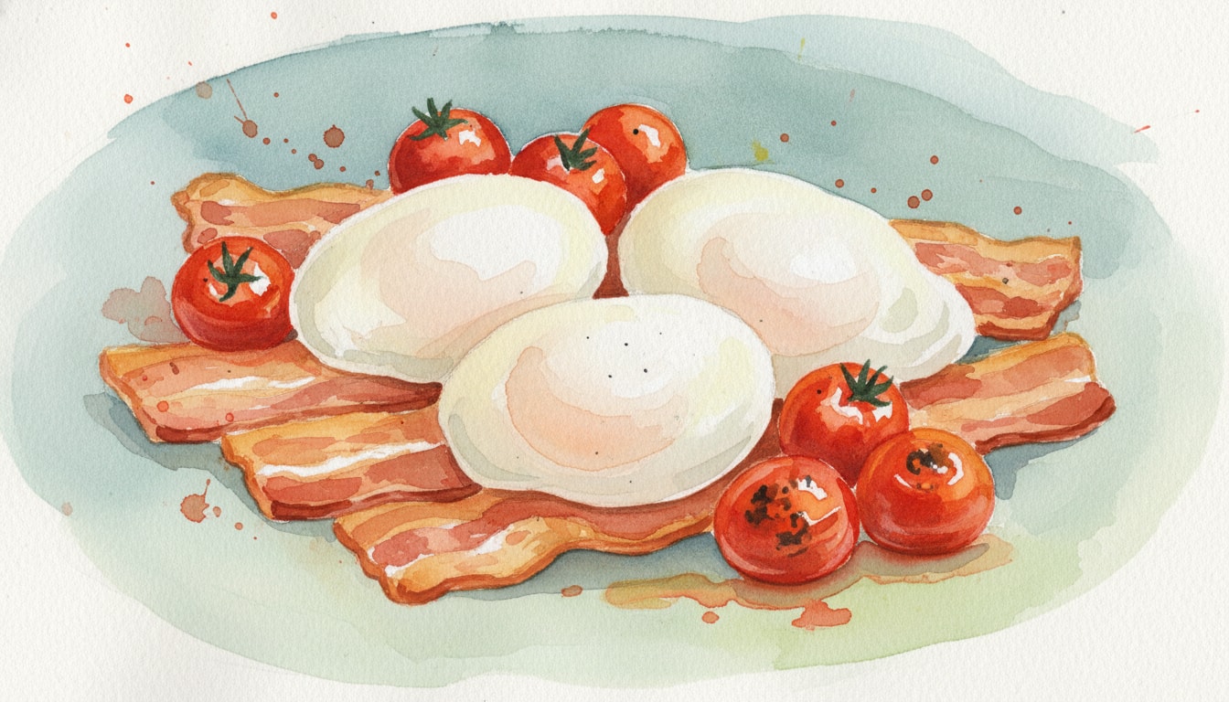 Pan-Fried Bacon with Poached Eggs and Blistered Tomatoes