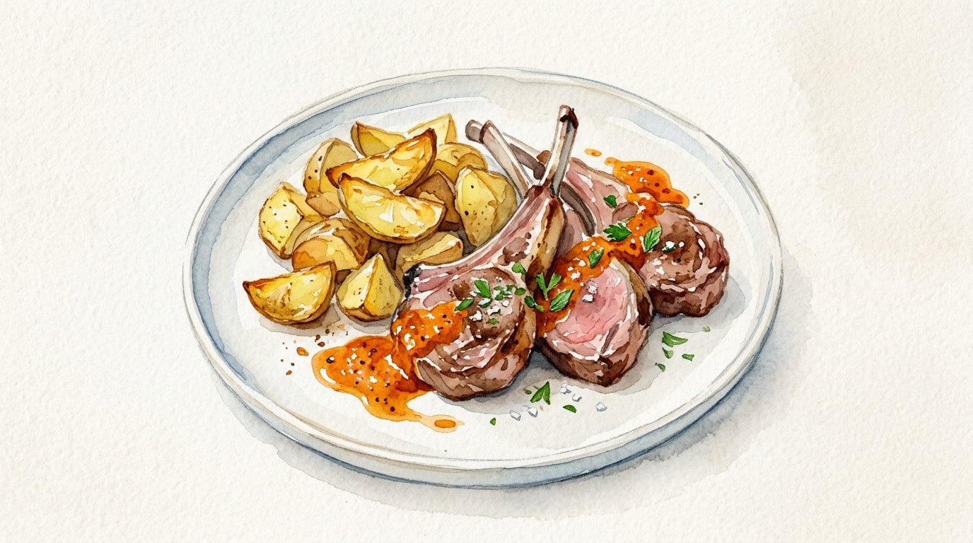 Pan-Fried Lamb Chops with Crispy Potatoes and Spiced Harissa Sauce