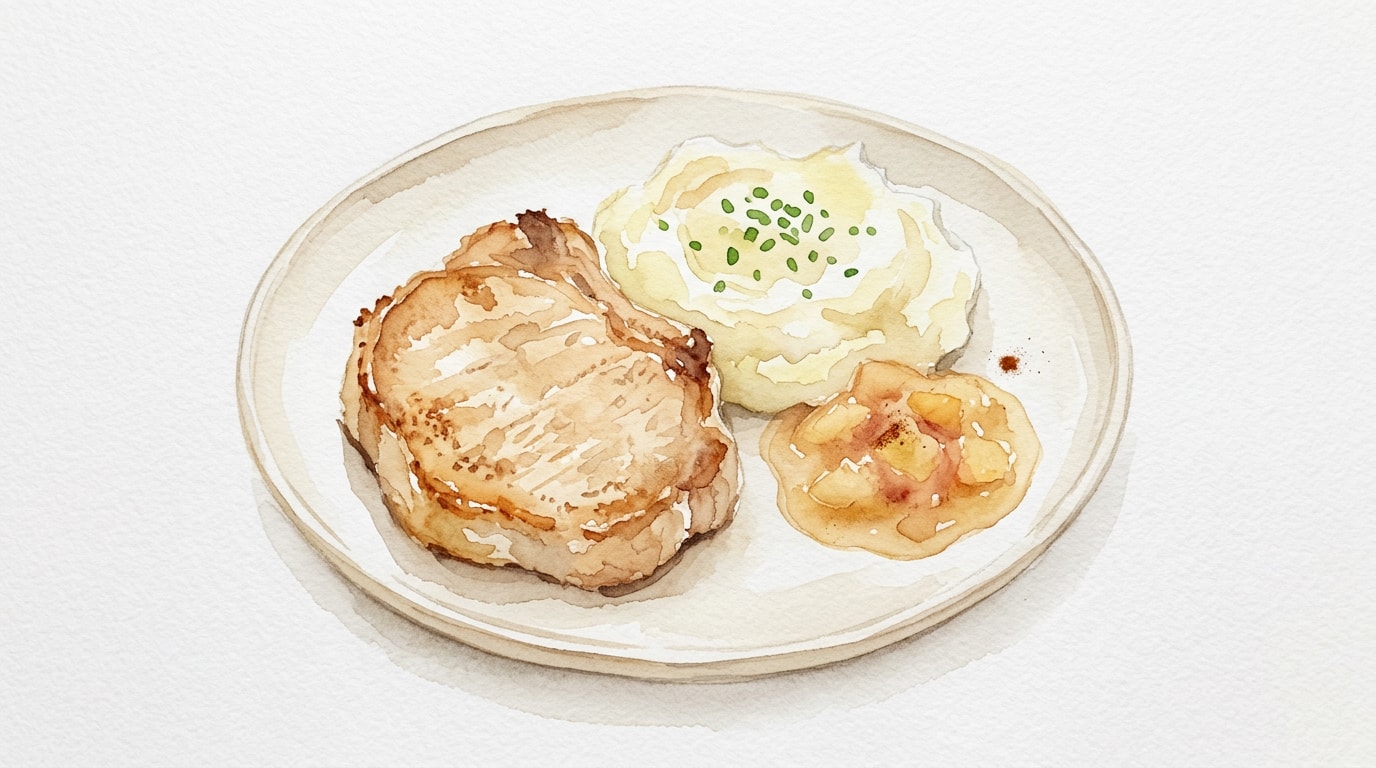 Pan-Fried Pork Chops With Apple Sauce And Mashed Potatoes