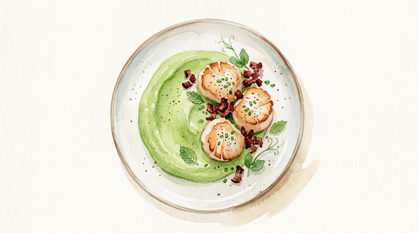 Pan-Fried Scallops with Pea Purée and Crispy Bacon