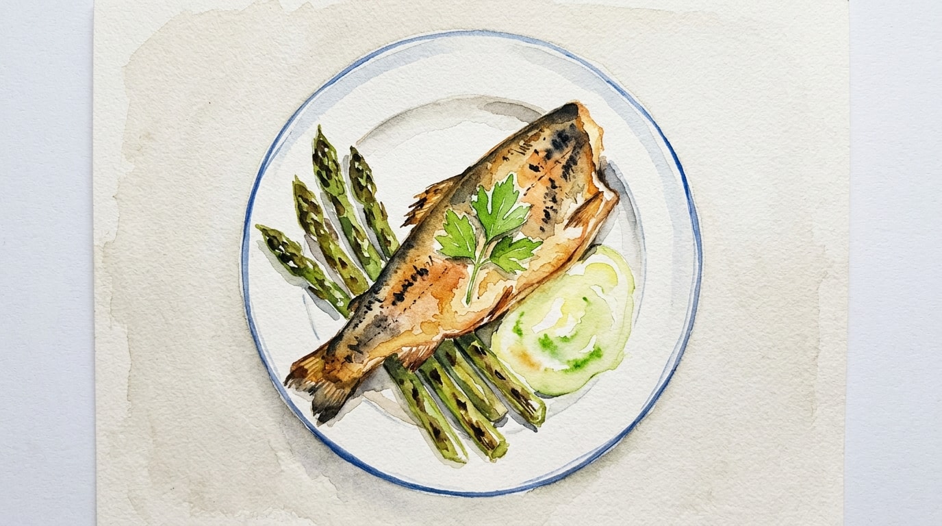 Pan-Fried Trout with Grilled Asparagus and Lovage Mayonnaise