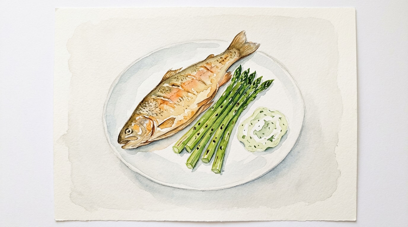 Pan-Fried Trout with Grilled Asparagus and Lovage Mayonnaise