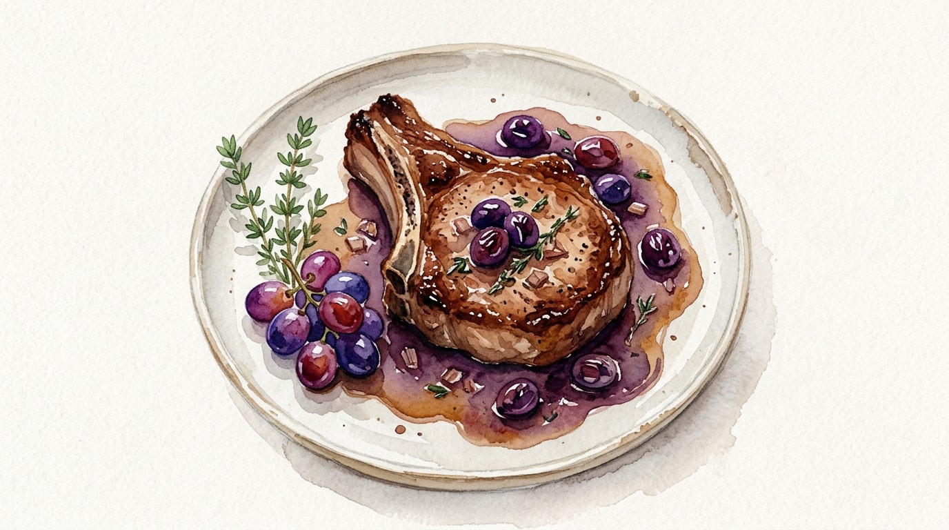 Pan-Seared Bone-In Pork Chops with Blistered Grape Pan Sauce