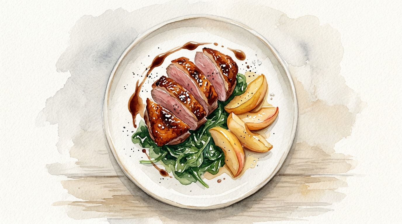 Pan-Seared Duck Breast with Wilted Spinach and Sweet Poached Apples