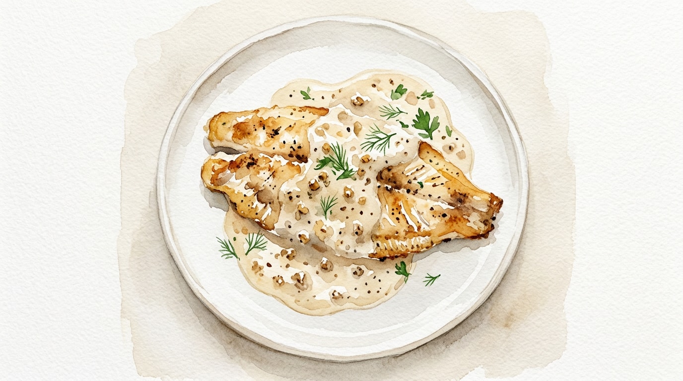 Pan-Seared Flounder with Garlic Walnut Cream Sauce