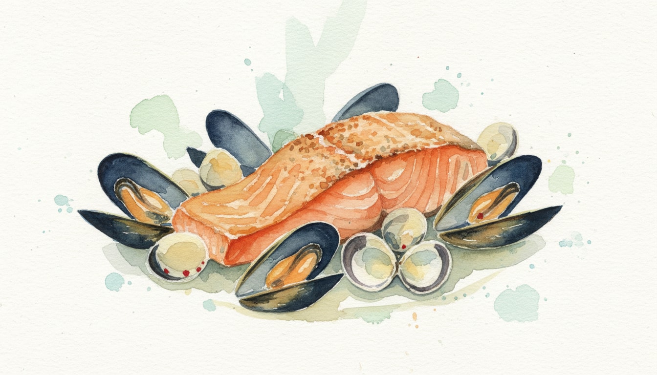 Pan-Seared Salmon with Steamed Mussels and Cockles