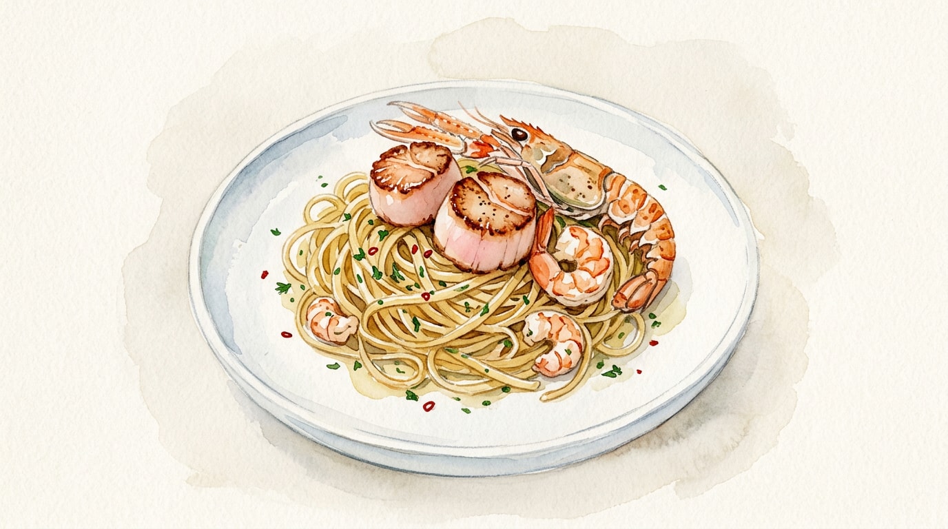 Pan-Seared Scallops and Langoustines with Prawn Linguine