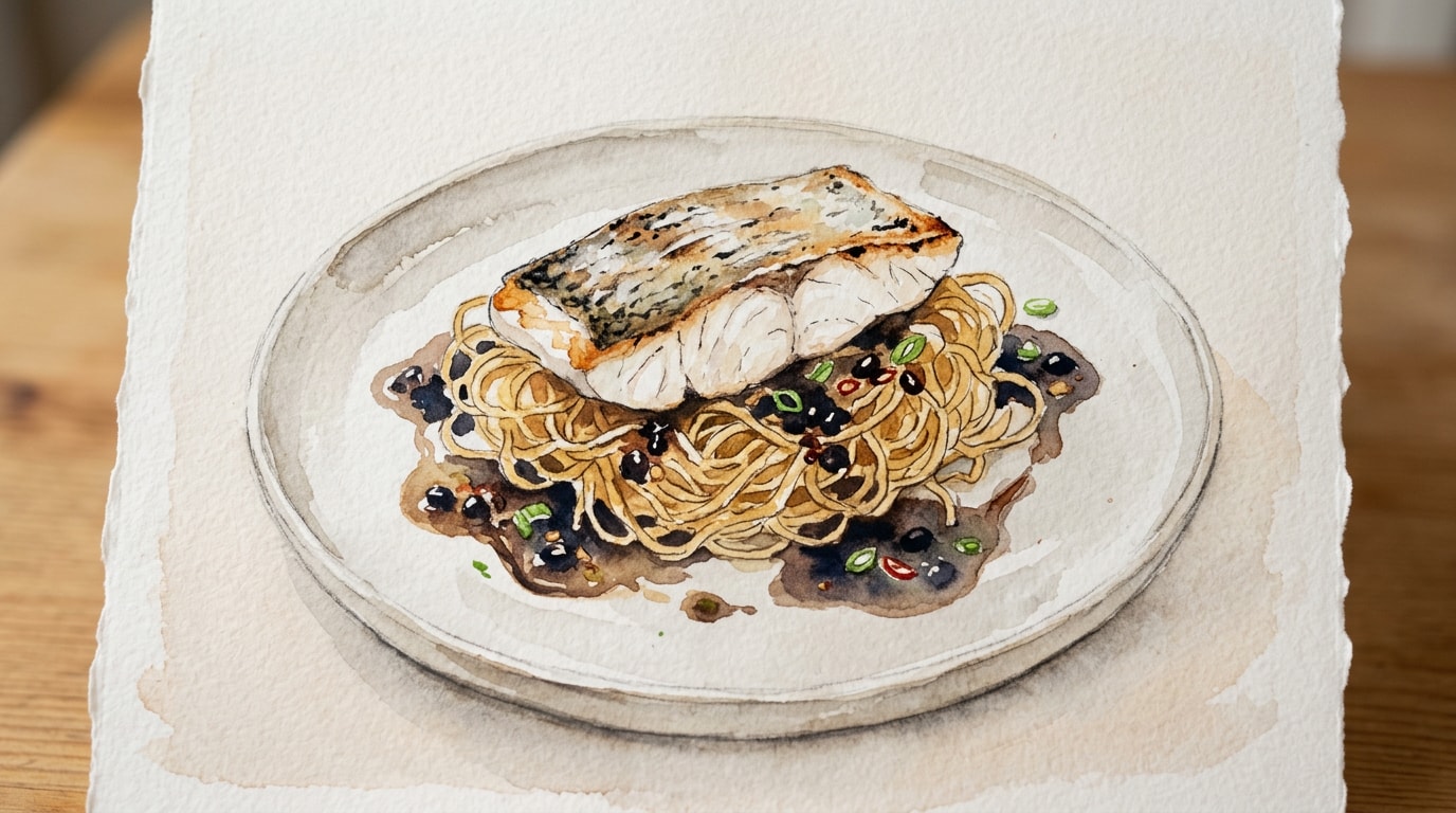 Pan-Seared Sea Bass with Crispy Noodles and Black Bean Sauce