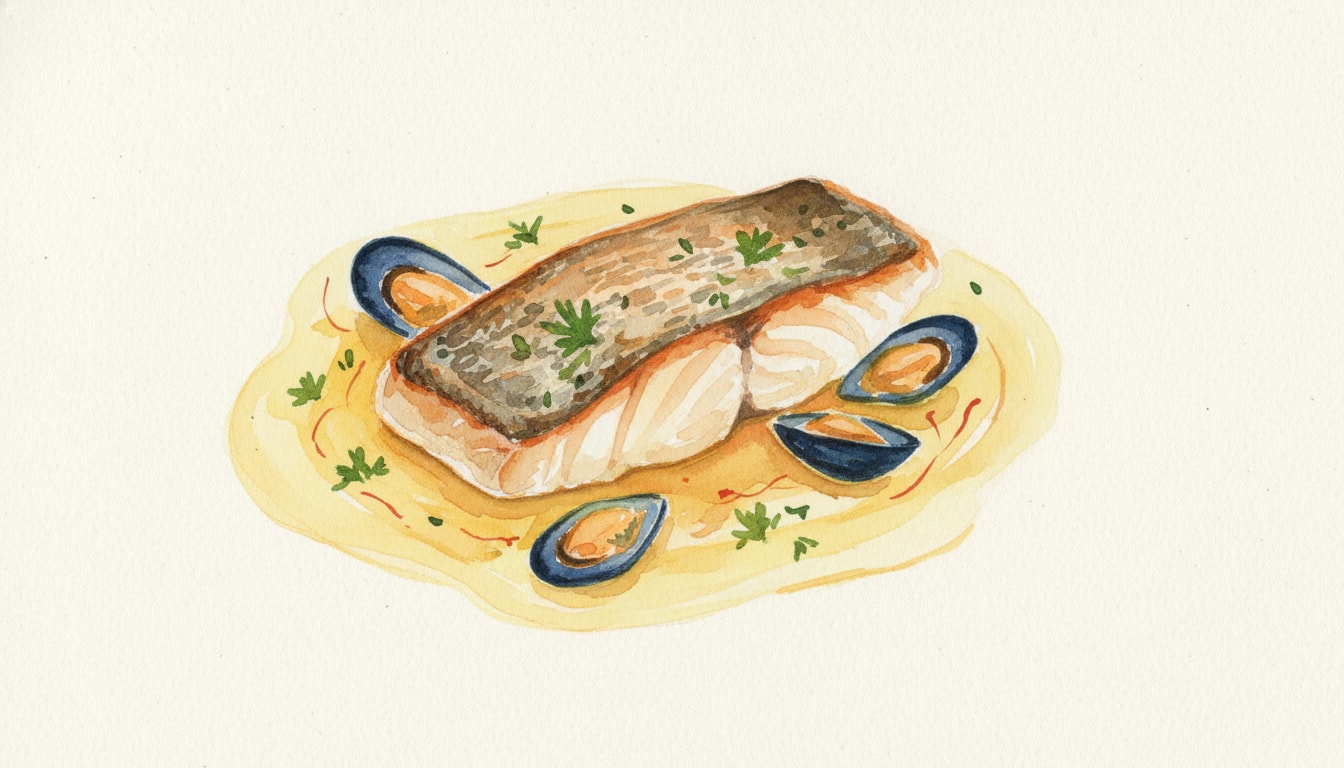 Pan-Seared Sea Bass with Saffron Mussel Velouté