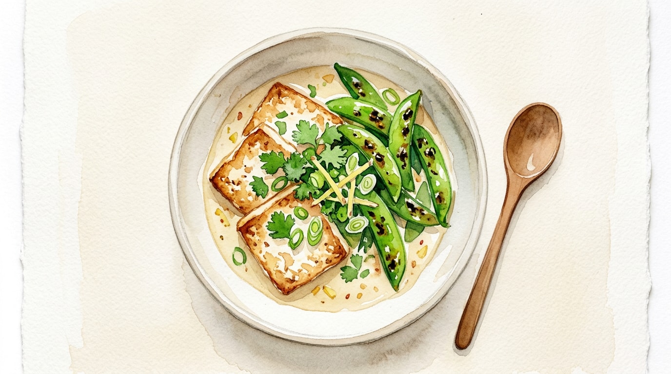 Pan-Seared Tofu in Ginger-Coconut Milk with Blistered Snap Peas