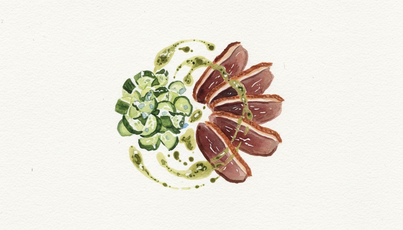 Pastrami-Cured Duck Breast with Smacked Cucumber & Ginger Scallion Oil