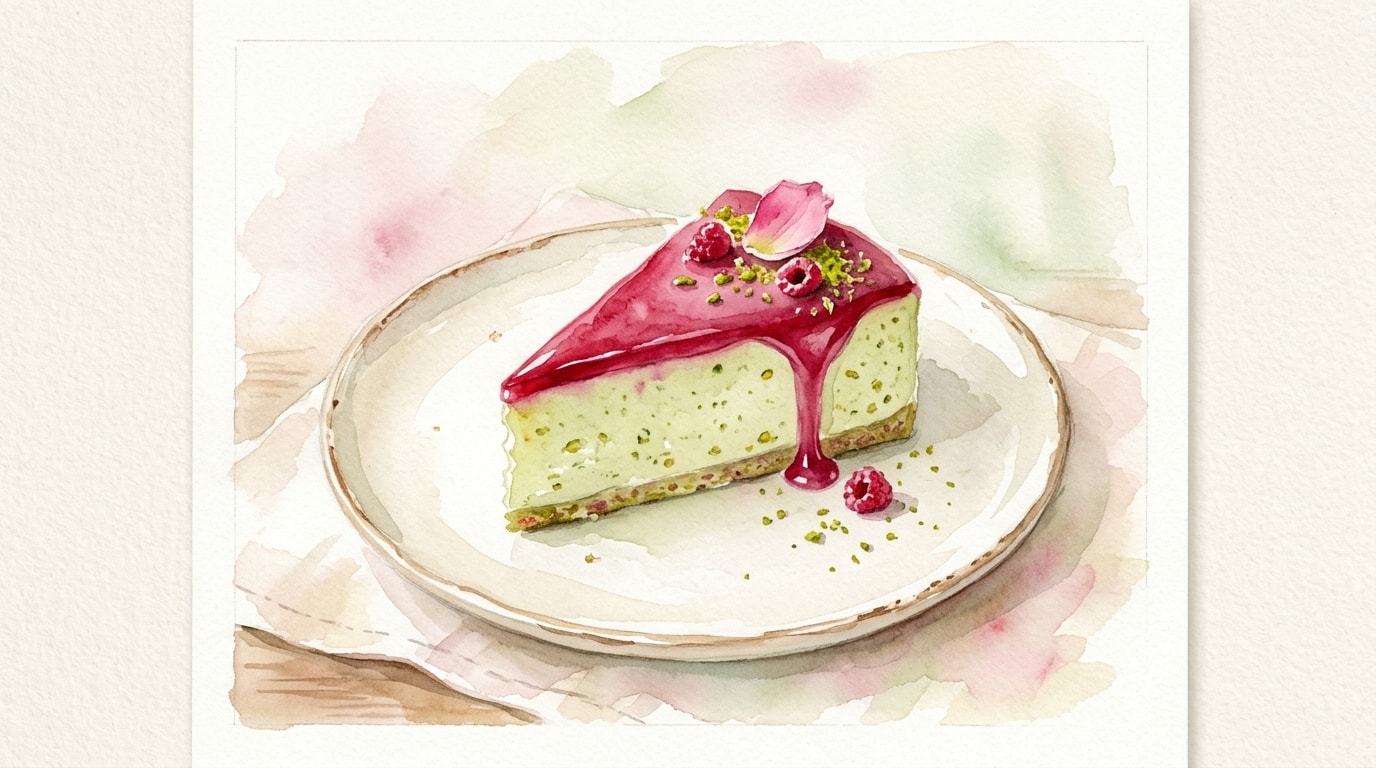 Perfumed Pistachio Cheesecake With Raspberry Glaze
