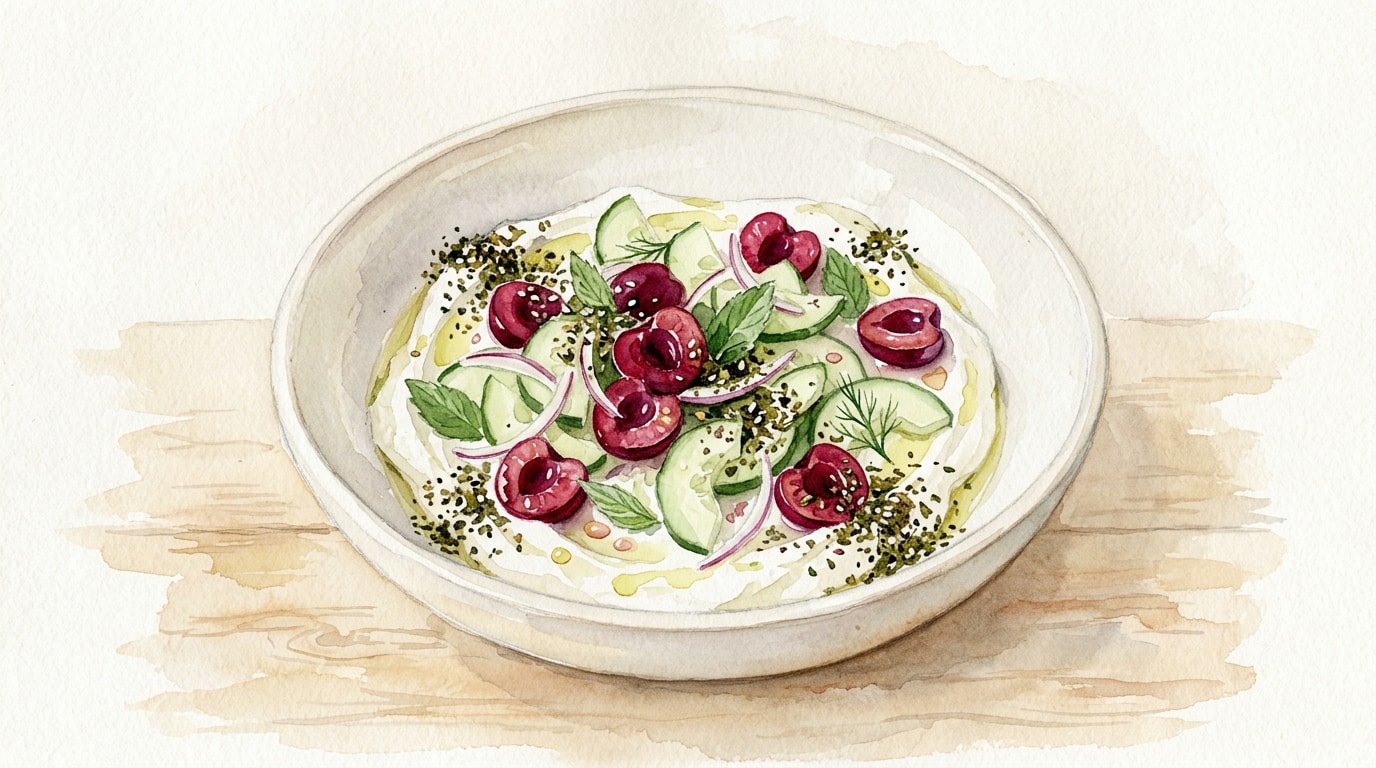 Pickled Cherry and Cucumber Labneh Salad with Homemade Za'atar