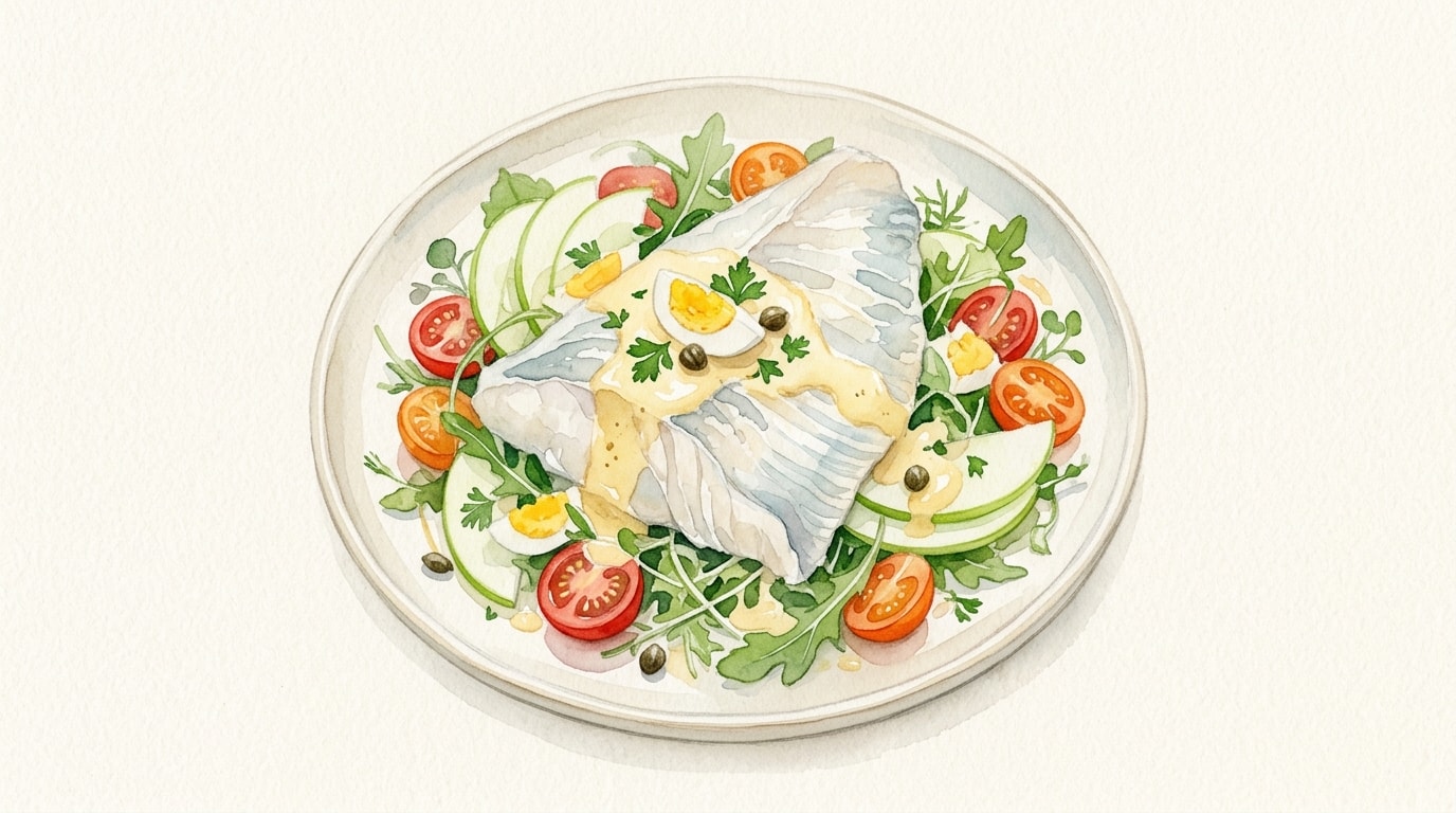 Poached Skate Wing Salad with Crisp Apple, Tomato, and Egg Sauce