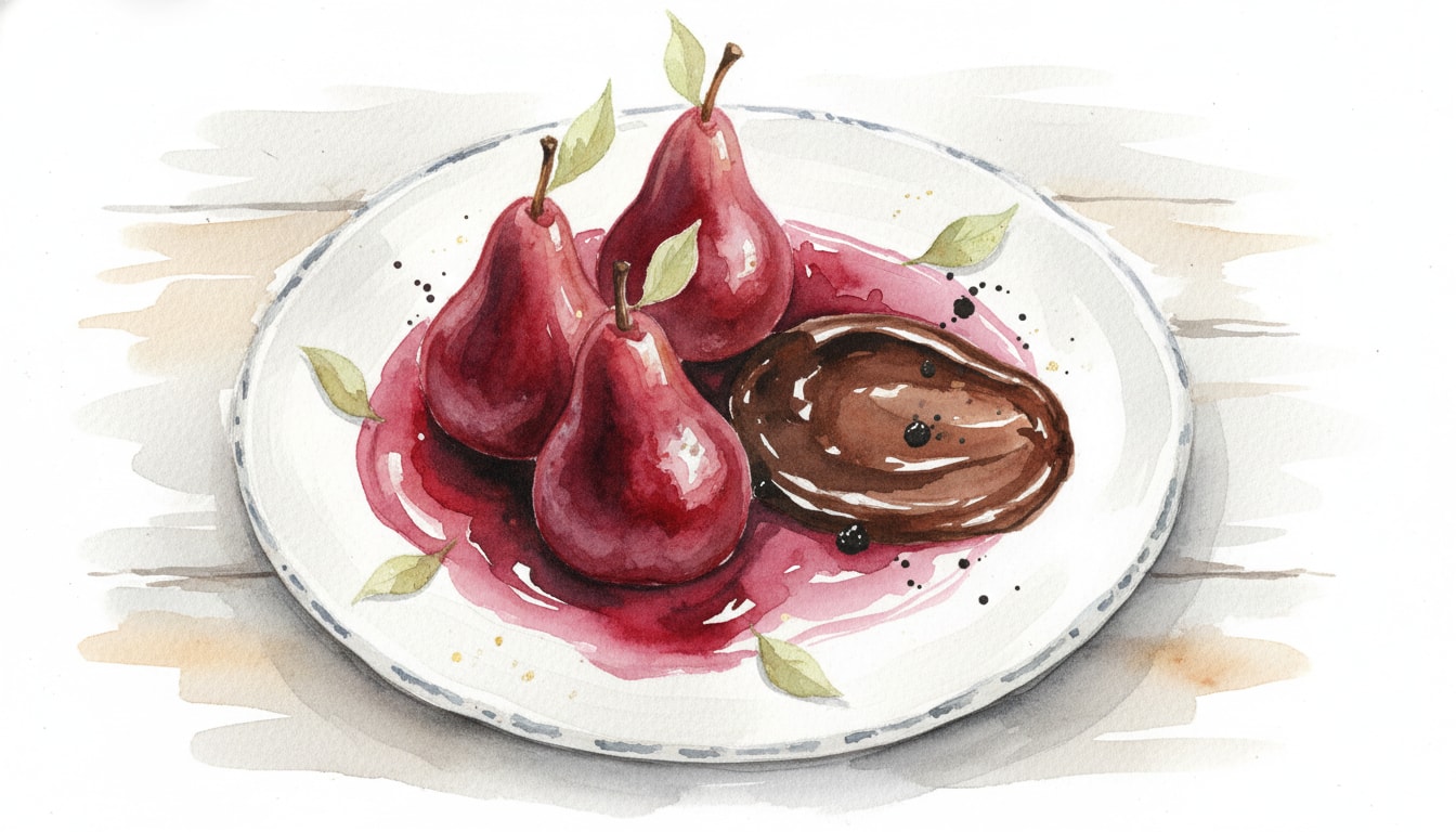 Poires au Vin Rouge with Dark Chocolate Ganache