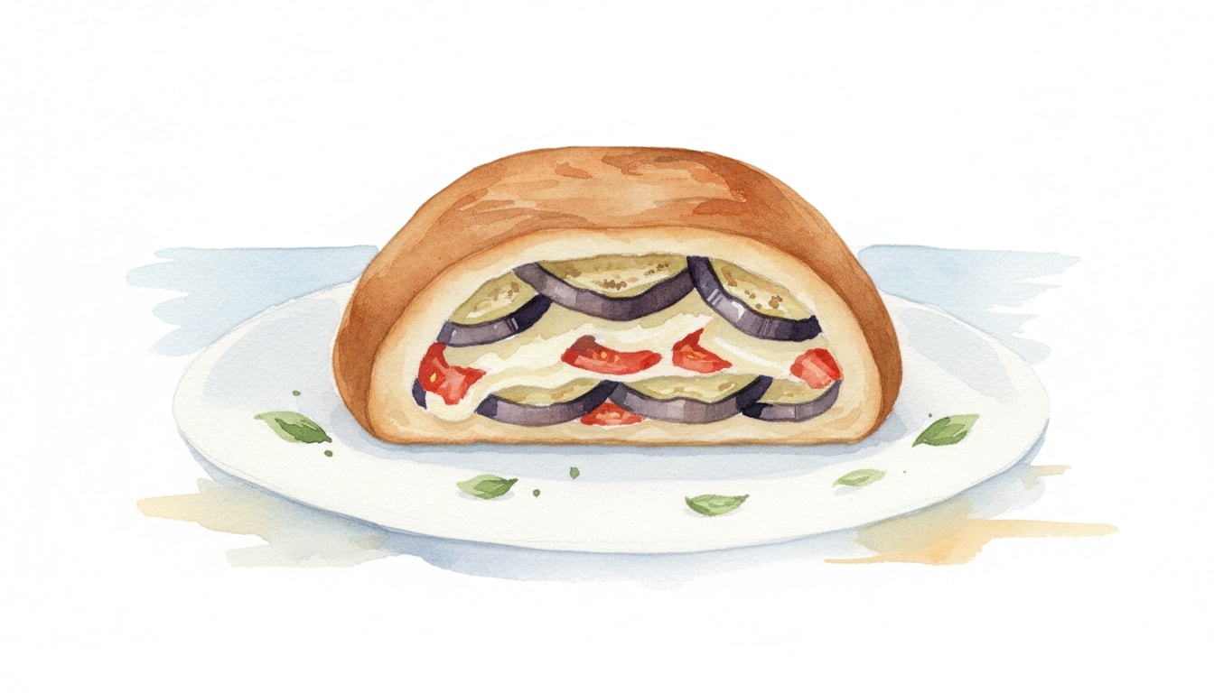 Polpettone Stuffed with Roasted Eggplant, Tomato, and Provolone