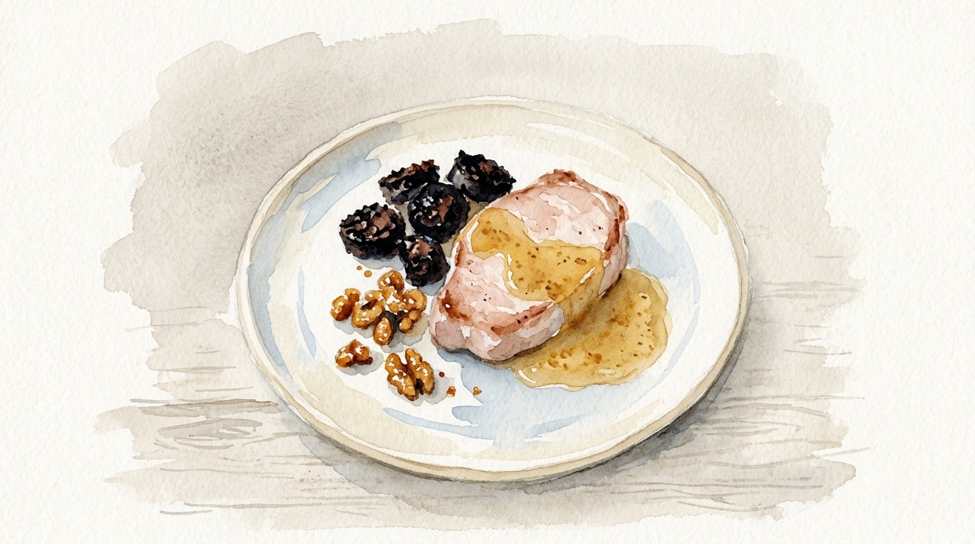 Pork Loin Chops with Apple Scrumpy Sauce, Crispy Black Pudding, and Candied Walnuts