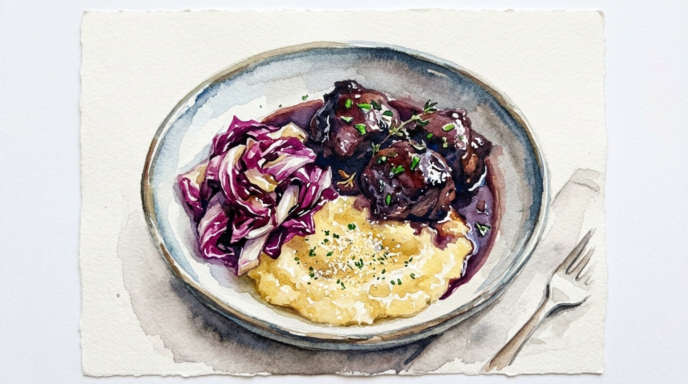 Port-Braised Iberico Pork Cheeks with Parmesan Polenta and Radicchio