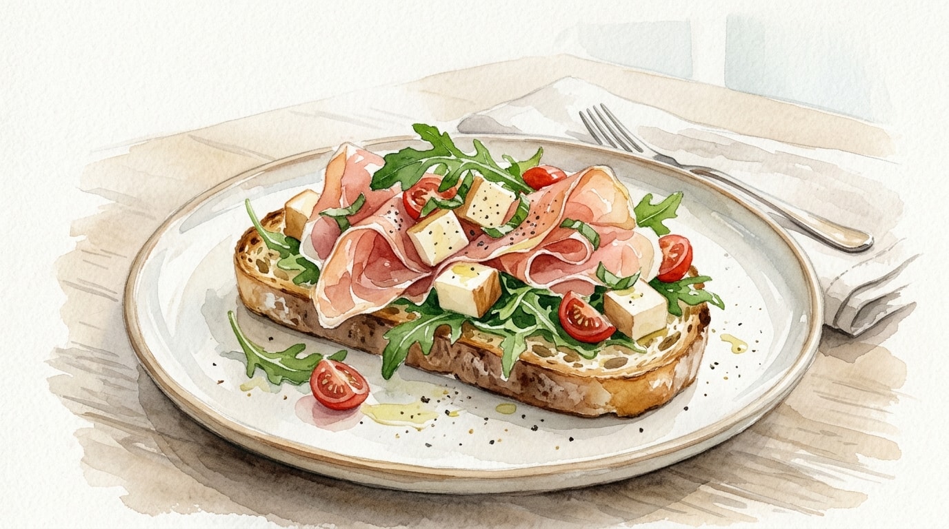 Prosciutto and Smoked Mozzarella Salad on Toasted Sourdough